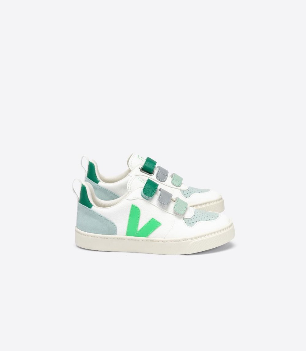 Veja Sneakers Barn - V-10 Velcro Chromefree - Vita/Gröna - 371528-INU